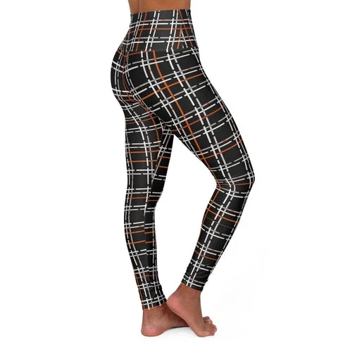 Womens High-waist Fitness Legging Yoga Pants, Black Orange Tartan