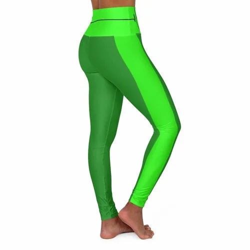 High Waisted Yoga Leggings, Forest Green And Neon Green Black Bordered