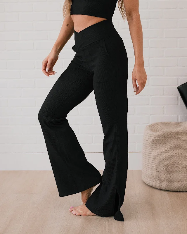 Rae Mode Ribbed V-Waist Flare Leggings - Black