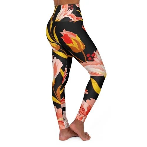 Womens High Waist Fitness Leggings, Pink And Gold Floral