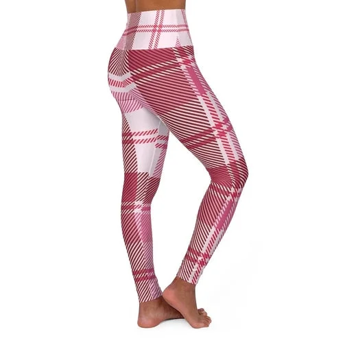 Womens High Waist Fitness Leggings / Yoga Pants, Pink Plaid