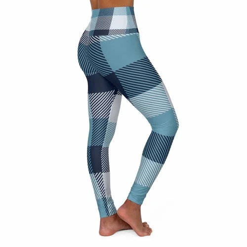 Womens High-waist Fitness Legging Yoga Pants, Blue White Plaid