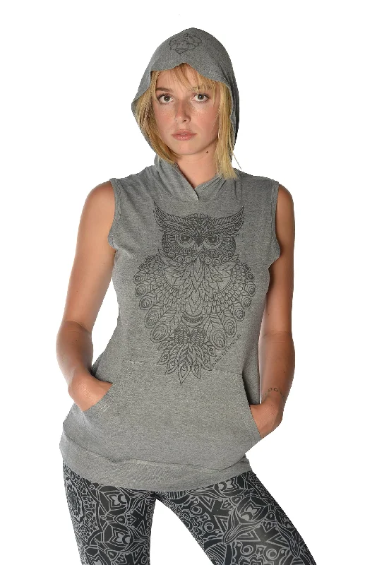 Sacred Geometry Owl on a Sleeveless Hoodie