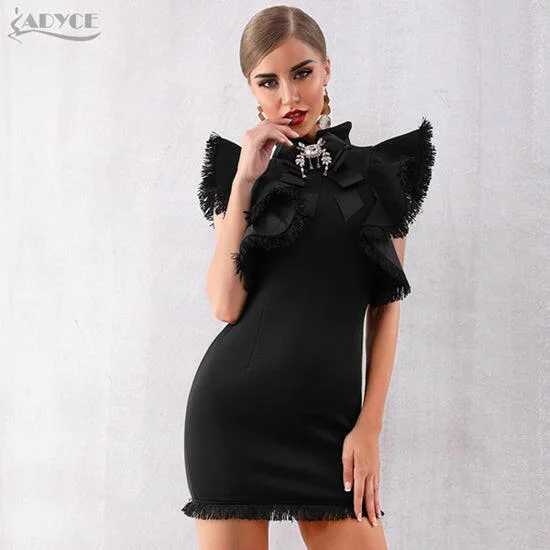 Adyce Summer Women White Celebrity Party Dress Vestidos Verano 2019 Sexy Sleeveless Ruffles Tassel Black Mini Bodycon Club Dress