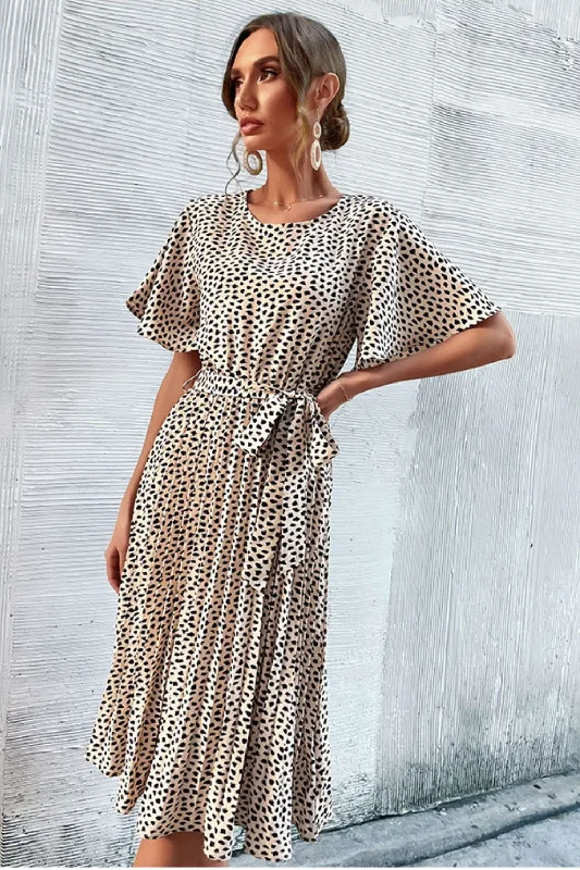 Animal Print Tie-Waist Pleated Dress