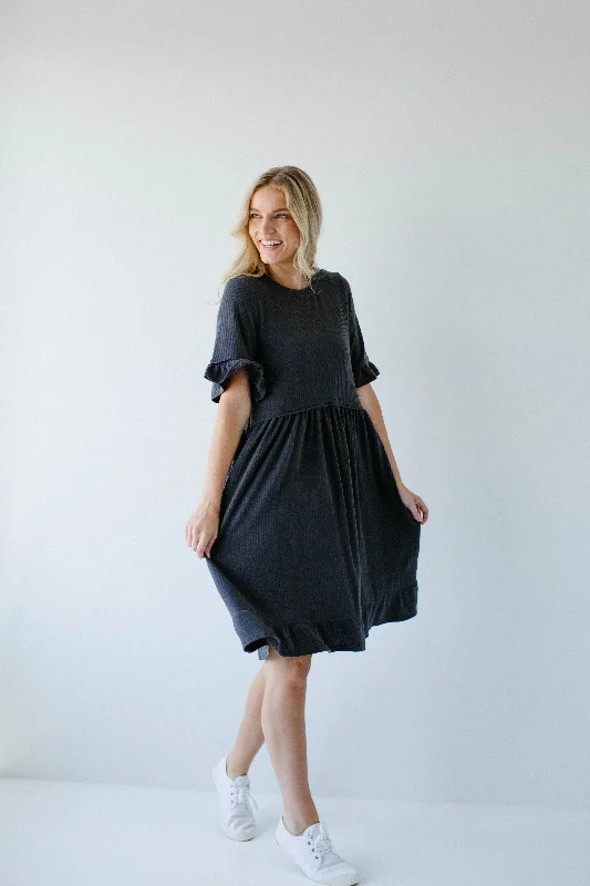 'Ash' Ruffle Sleeve Ribbed Knit Midi Dress in Charcoal