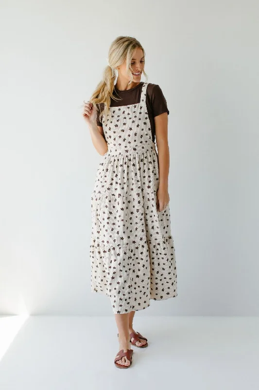 'Asher' Corduroy Floral Print Overall Dress in Cream