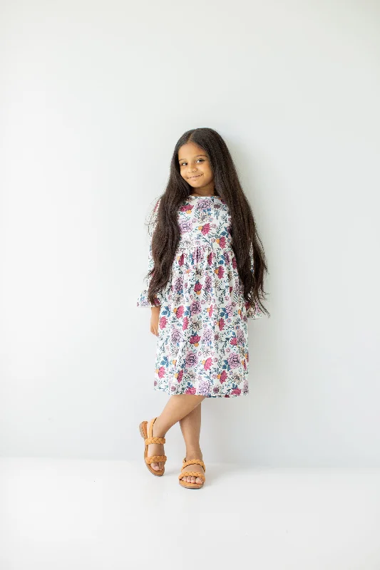 'Aubrey' Girl Fall Floral Knit Dress in Ivory