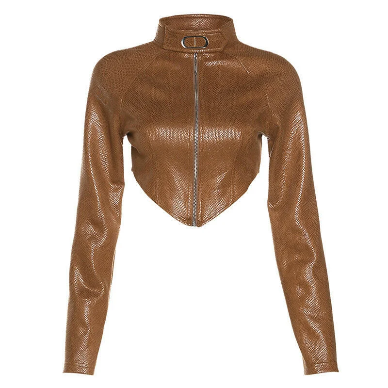 Autumn And Winter New Women's Stand Collar Long Sleeve Temporary Hem Metal Zipper Short Leather Coat