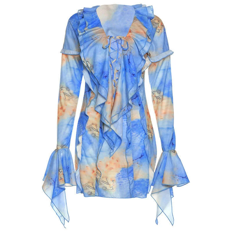 Autumn and Winter New Women's Wear Flare Sleeve with Lapel Fashion Print Temperament Slim Dress