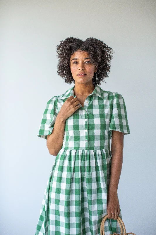 'Betsy' Collared Cotton Gingham Midi Dress in Green