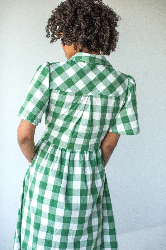 'Betsy' Collared Cotton Gingham Midi Dress in Green