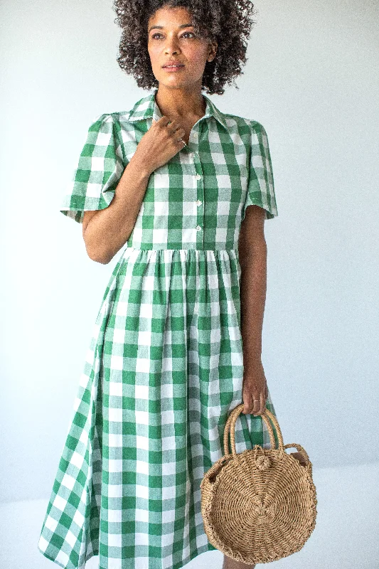 'Betsy' Collared Cotton Gingham Midi Dress in Green