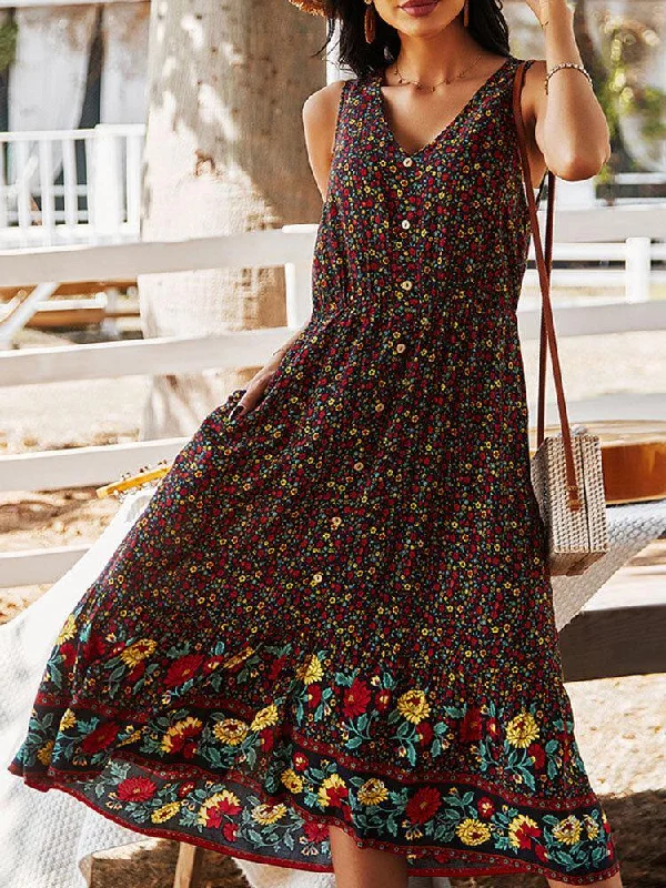 Bohemia Floral Print V-neck Button Sleeveless Patchwork Midi Dress