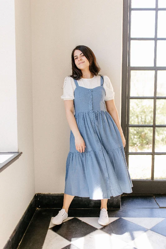 'Byrdie' Cotton Blend Pinafore Midi Dress in Dusty Blue