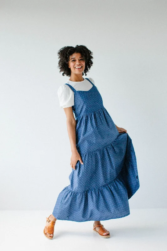 'Caprina' Printed Tiered Chambray Pinafore Dress in Deep Blue