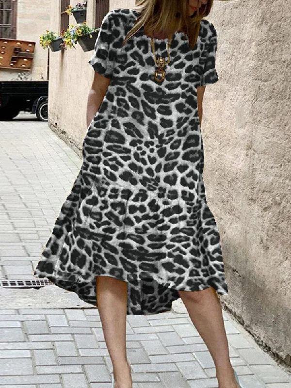 Casual Leopard Print Round Neck Loose Irregular Hem Dress With Pocket