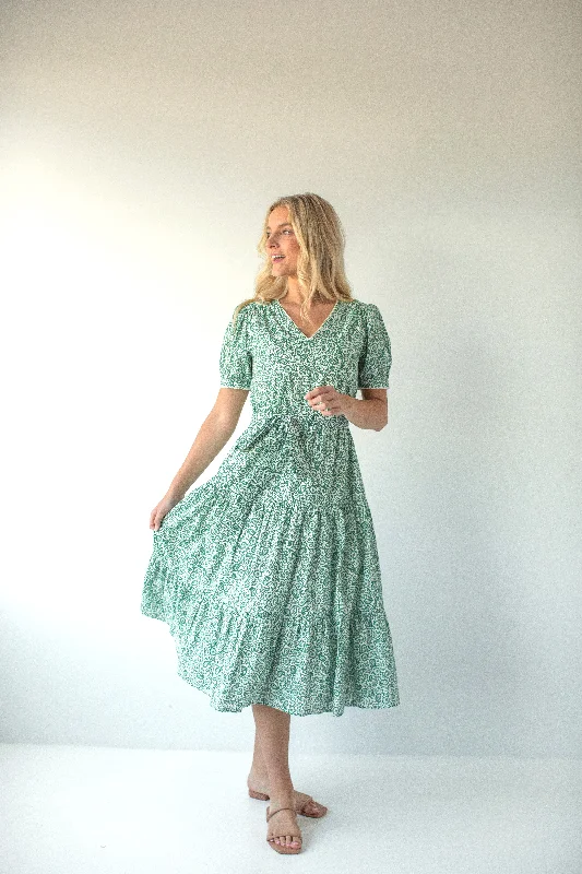 'Coretta' Green Paisley Tiered Cotton Midi Dress in Ivory