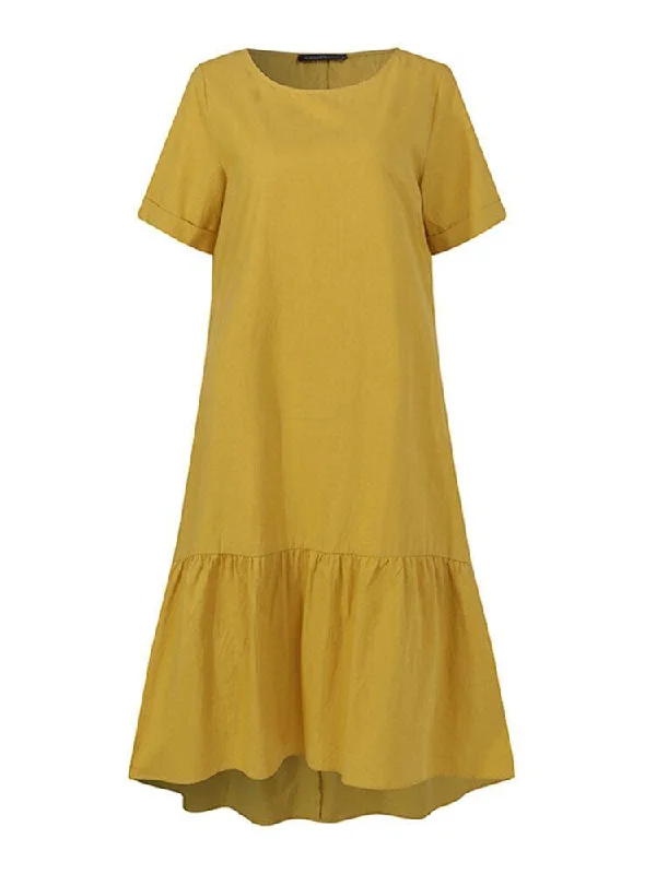 Cotton Women Solid Color Ruffles Round Neck Short Sleeve Casual Dresses