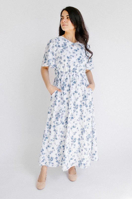 'Danielle' Flutter Sleeve Blue Floral Maxi Dress in Ivory