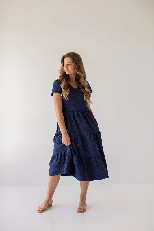 'Darya' Tiered Ribbed Midi Dress in Navy