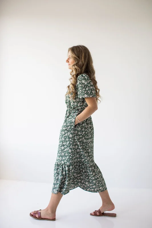 'Deidra' Textured Flower Print Midi Dress in Dusty Jade