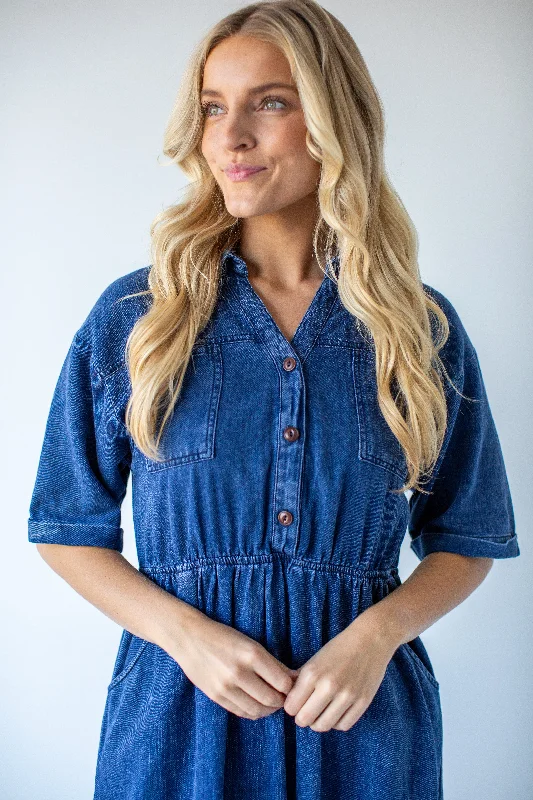 'Dixie' Collared Button Up A-Line Midi Dress in Denim Wash