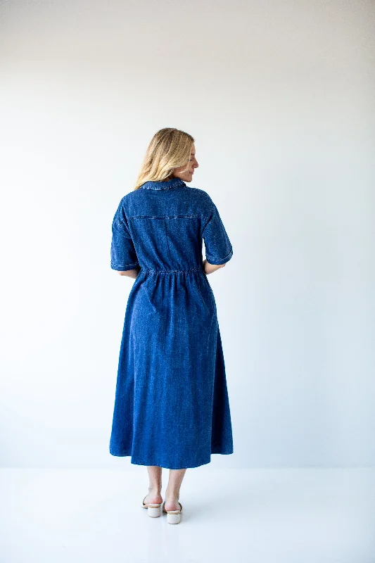 'Dixie' Collared Button Up A-Line Midi Dress in Denim Wash