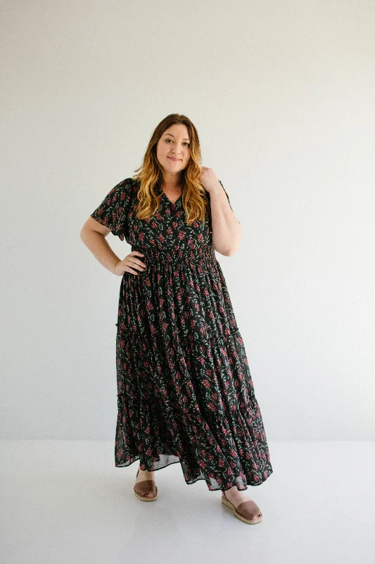 'Elizabeth' Botanical Print Tiered Maxi Dress in Black