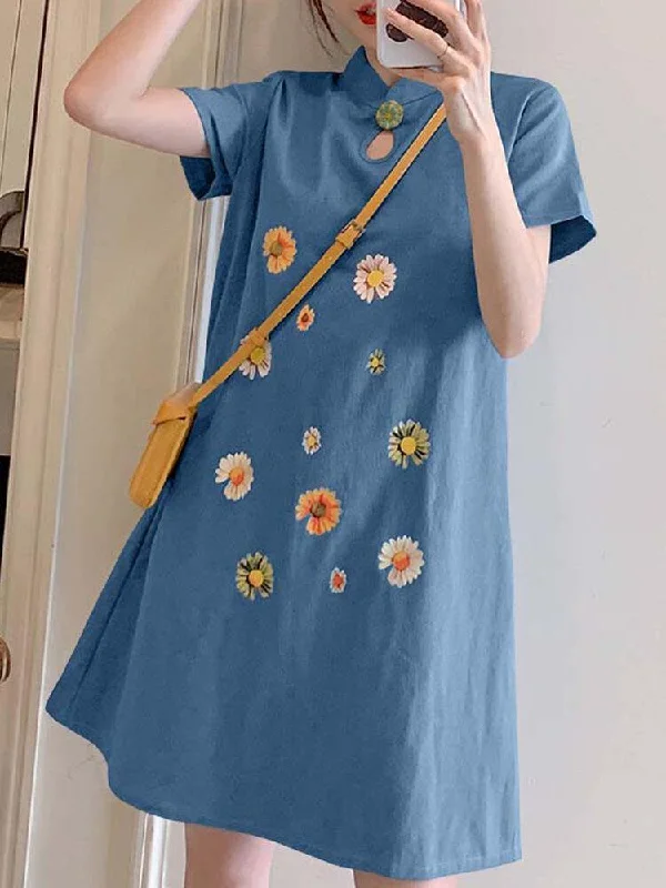 Embroidery Floral Splicing Lapel Casual Dress For Women