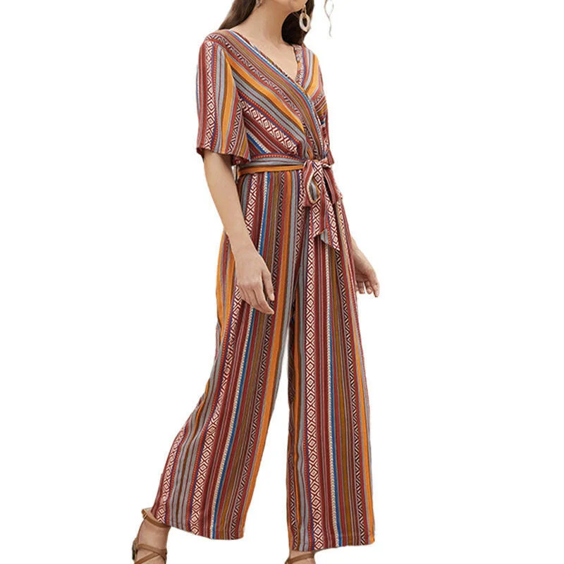 Ethnic Bohemian Jumpsuit Ladies Chic Waist Slimming Striped Long Pants for Women