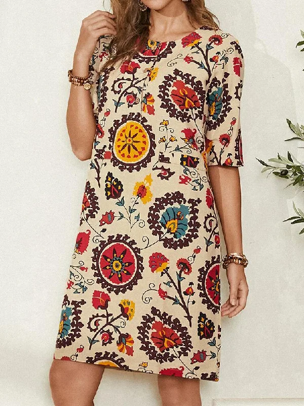 Ethnic Style Print Round Neck Bohemia Casual Midi Dress For Women