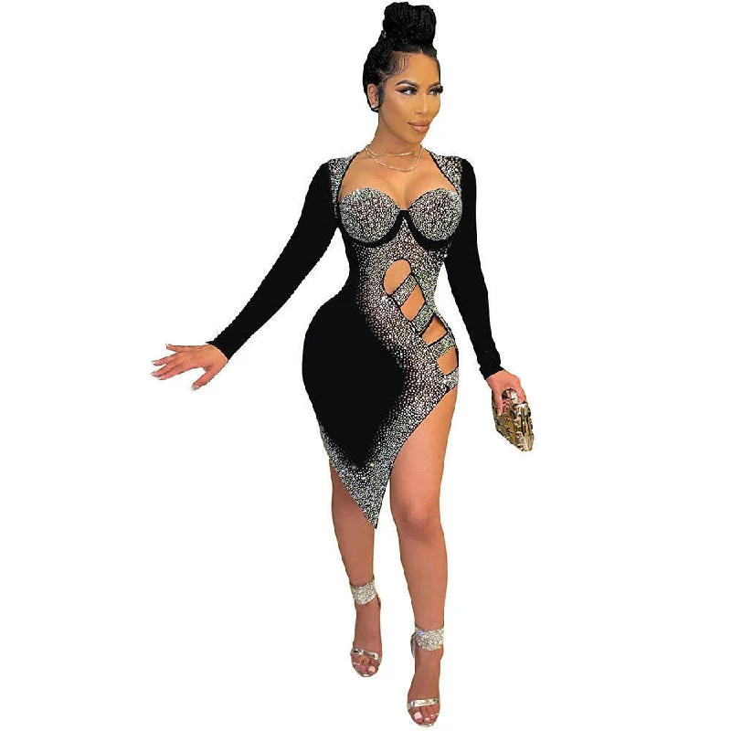 Fashion Women's Sexy Nightclub Hollow Split Mesh Perspective Hot Drill Dress