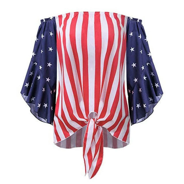 Feitong Women's Off Shoulder Independence Day T Shirt 4th of July USA Flag Print T Shirt Girl Tie Knot Tops Camiseta Mujer