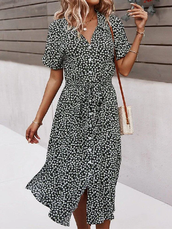 Floral Print Lapel Button Knotted Short Sleeve Dress For Women