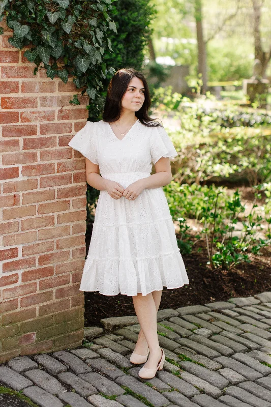 'Geneva' Flutter Sleeve Eyelet Petite Length Dress in White