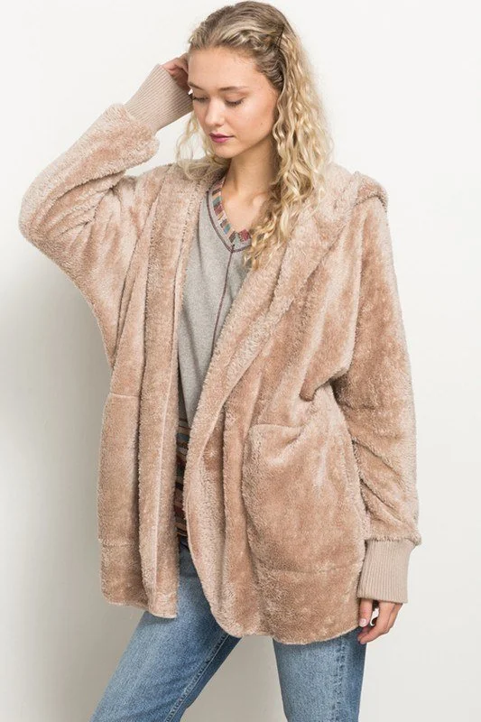 Hem & Thread Fuzzy knit open front, hooded cardigan with pockets L2394