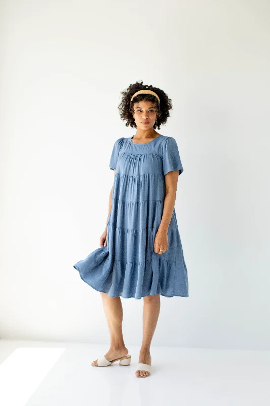 'Honor' Flare Tiered Midi Dress in Dusty Navy