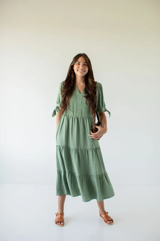 'Kaia' Tie Sleeve Tiered Lyocell Midi Dress in Dusty Green