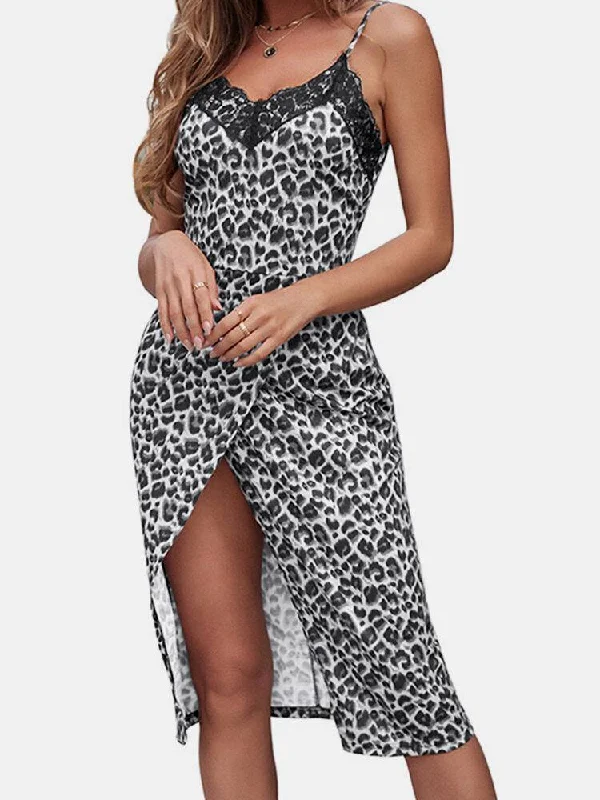 Leopard Print Lace Patchwork Slit Hem Strap Midi Dress For Women