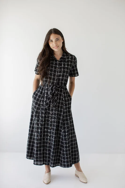 'Mae' A-Line Cotton Plaid Print Shirtdress in Black