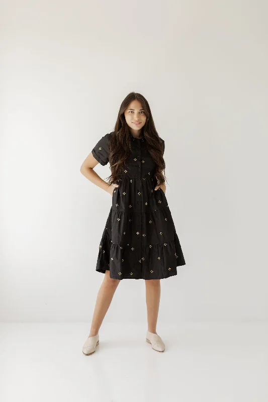 'Marissa' Embroidered Tiered Cotton Blend Shirtdress in Black