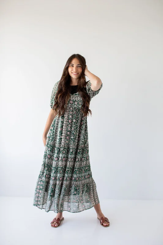 'Medora' Oriental Garden Maxi Dress in Deep Green