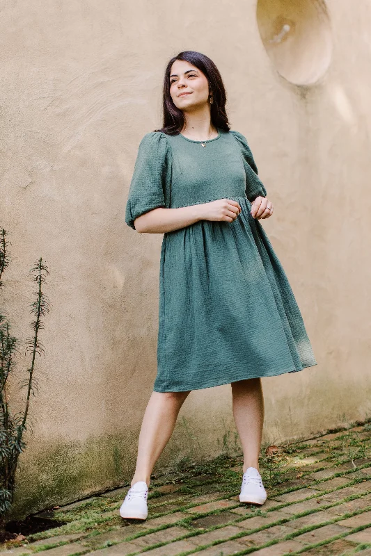 'Michaela' Puff Sleeve Cotton Gauze Petite Length Dress in Jade