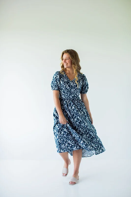 'Opal' Floral Poplin Pintuck Midi Dress in Navy