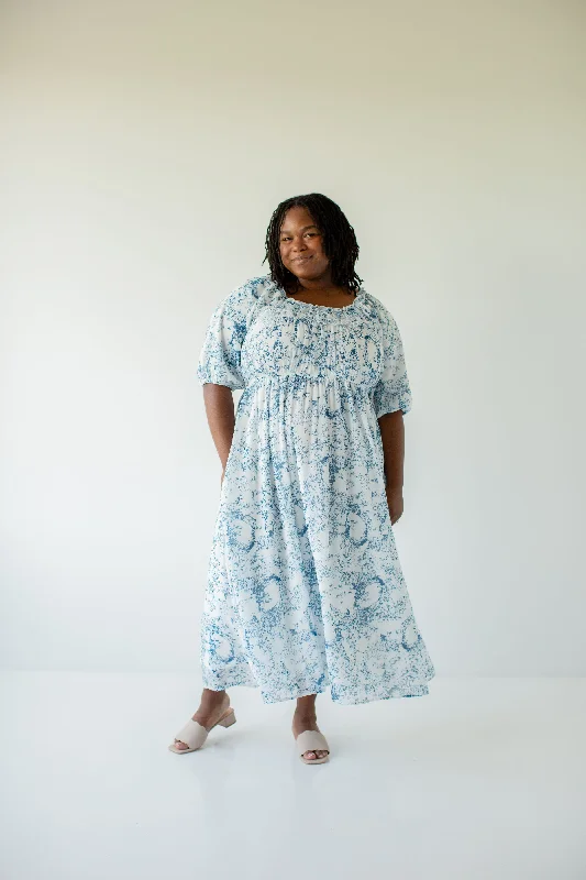 Plus 'Yvette' Ruffled Blue Floral Midi Dress in White