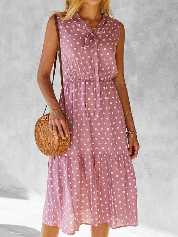 Polka Dot Print V-neck Sleeveless Knotted Pleated Dress For Women