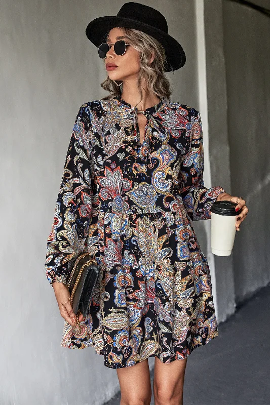 Printed Tie Neck Balloon Sleeve Mini Dress