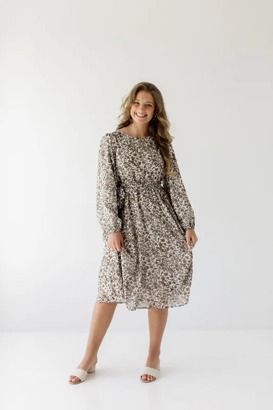 'Ramona' Long Sleeve Mocha Floral Midi Dress in White