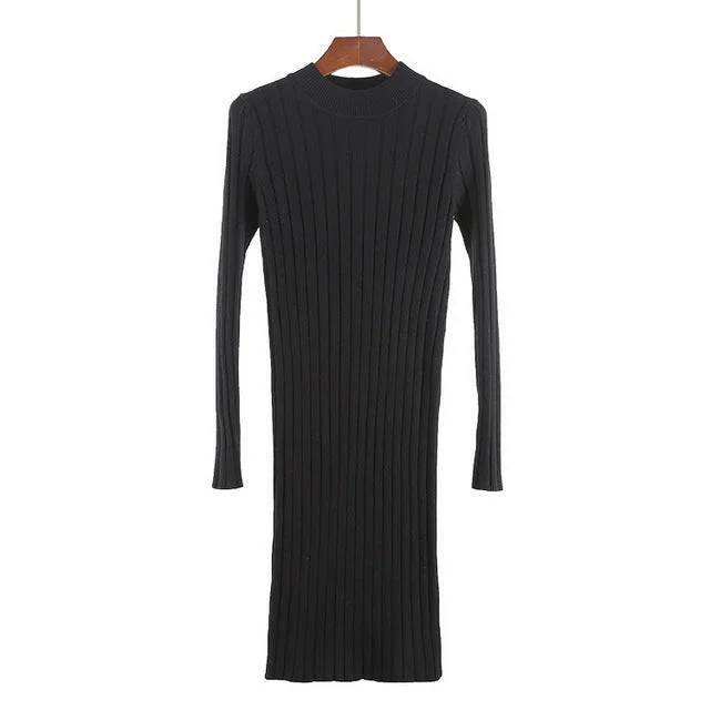 Ribbed Knit Sweater Dress Spring Autumn Women Long Sleeves Mock Neck Knitting Bodycon Mini Dresses C4778